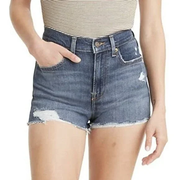 Levi's Women's High Rise Shorts Chelsea When-Dark Indigo Raw Hem Size 25 - Picture 1 of 4
